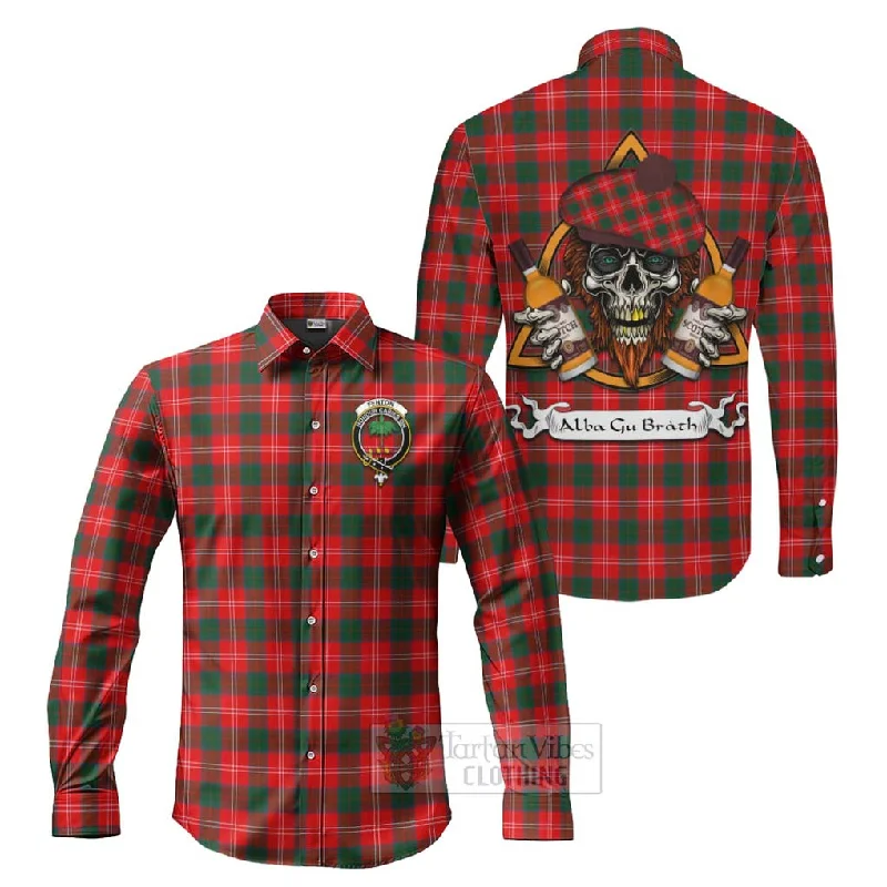 Fenton Tartan Long Sleeve Button Shirt with Family Crest and Bearded Skull Holding Bottles of Whiskey