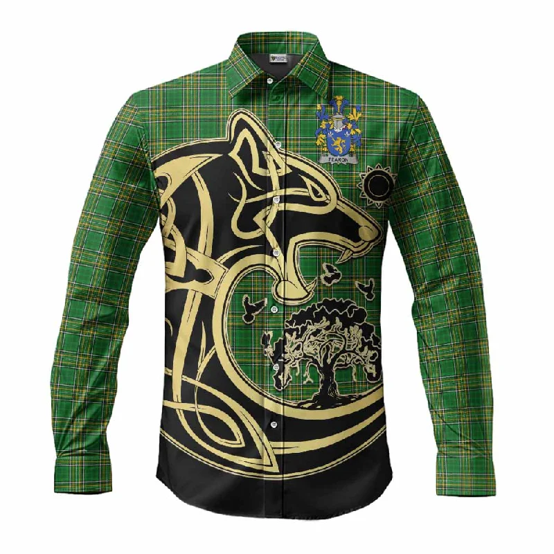 Fearon Irish Tartan Long Sleeve Button Shirt with Coat of Arms Celtic Wolf Style