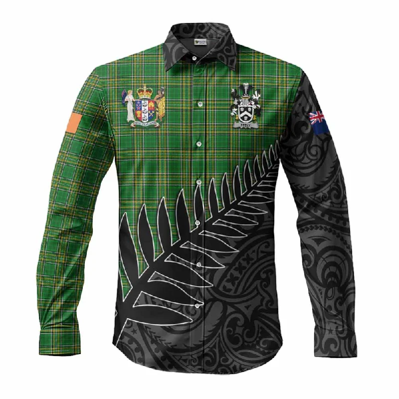 Feely Irish Clan Tartan Long Sleeve Button Shirt with Coat of Arms New Zealand Silver Fern Half Style
