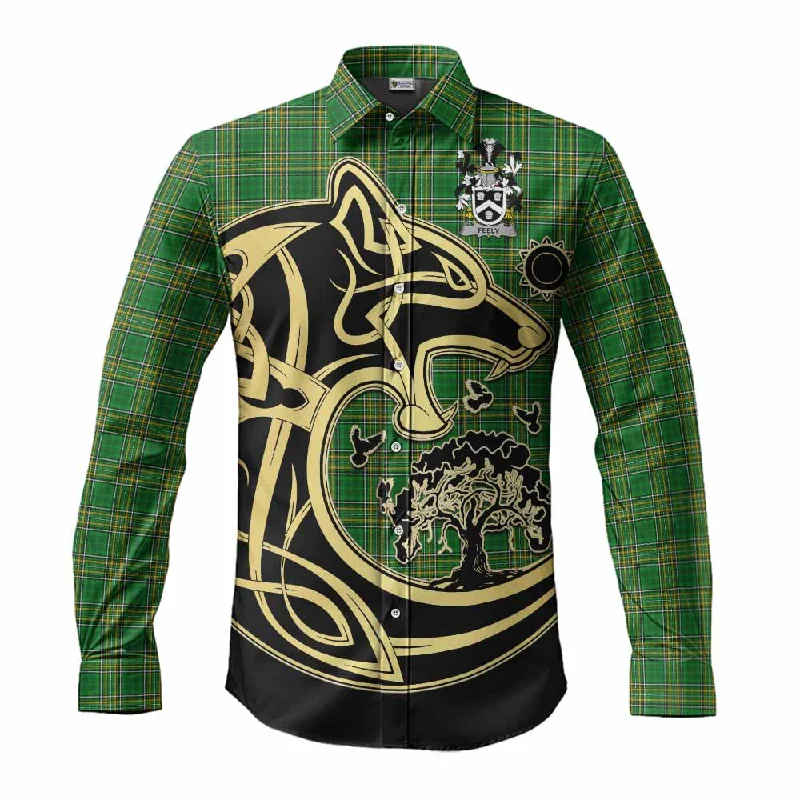 Feely Irish Tartan Long Sleeve Button Shirt with Coat of Arms Celtic Wolf Style