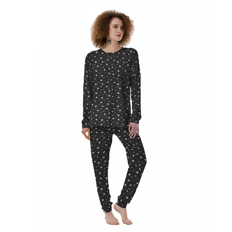 Cute White Heart And Black Print Pattern Women's Pajamas Budget-friendly pajama sets Cute White Heart And Black Print Pattern Women's Pajamas Budget-friendly pajama sets