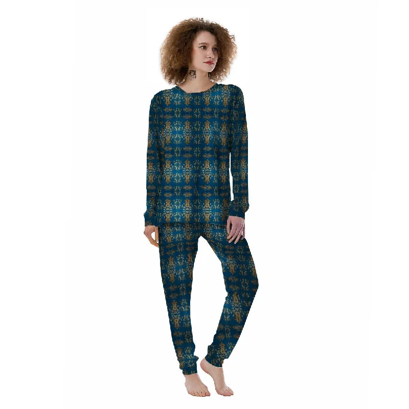Damask Brown And Blue Print Pattern Women's Pajamas Loungewear pajama sets