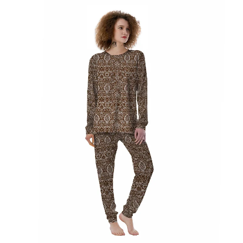 Damask Brown Print Pattern Women's Pajamas Jogger pajama sets