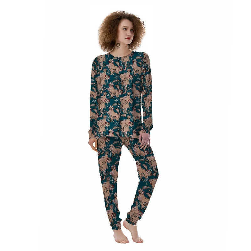 Damask Teal And Blue Print Pattern Women's Pajamas Cozy pajama sets