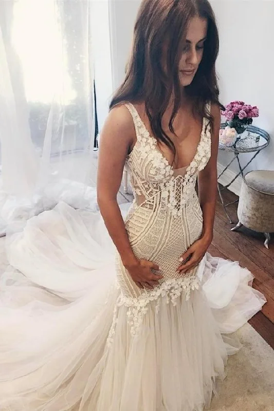 2024 Straps Mermaid Wedding Dresses Tulle With PCY95P6D Floral Lace Wedding