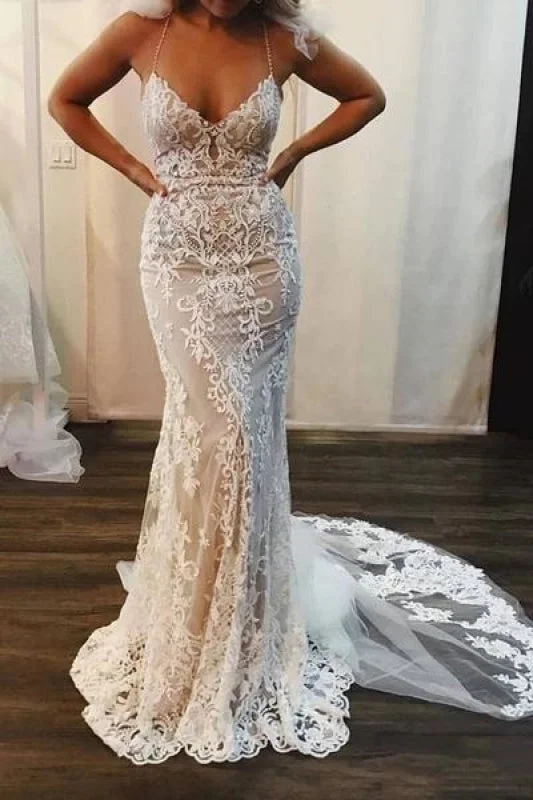 Spaghetti Strap Mermaid Lace Applique Long Train Wedding Dress Simple Wedding Gown