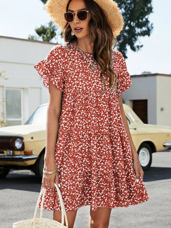 Blue Zone Planet | Woven Printed Round Neck Ruffle Sleeve Loose Dress Beach floral dresses Blue Zone Planet | Woven Printed Round Neck Ruffle Sleeve Loose Dress Beach floral dresses