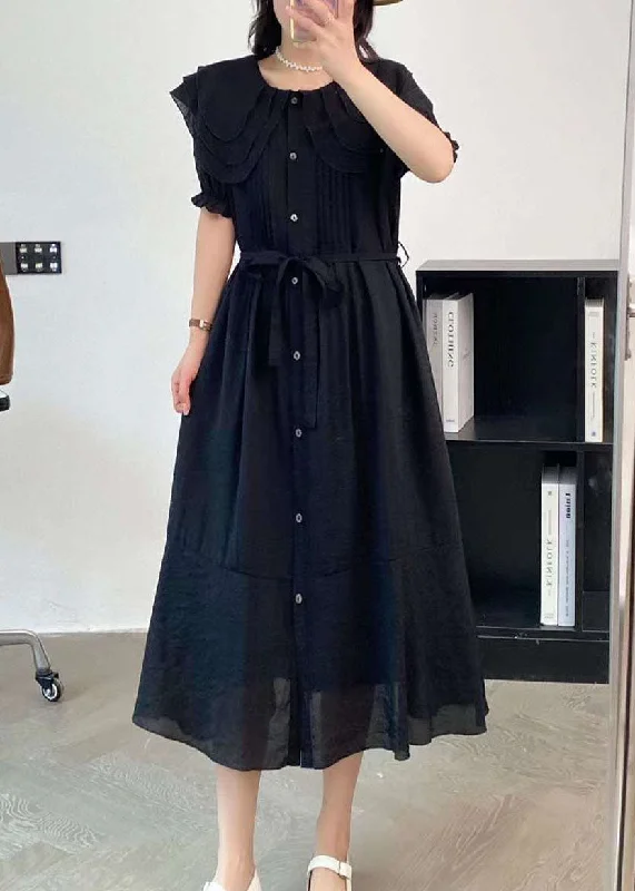 Black Cotton Dresses Peter Pan Collar Button Tie Waist Summer AP004 Tiered unclassified dresses
