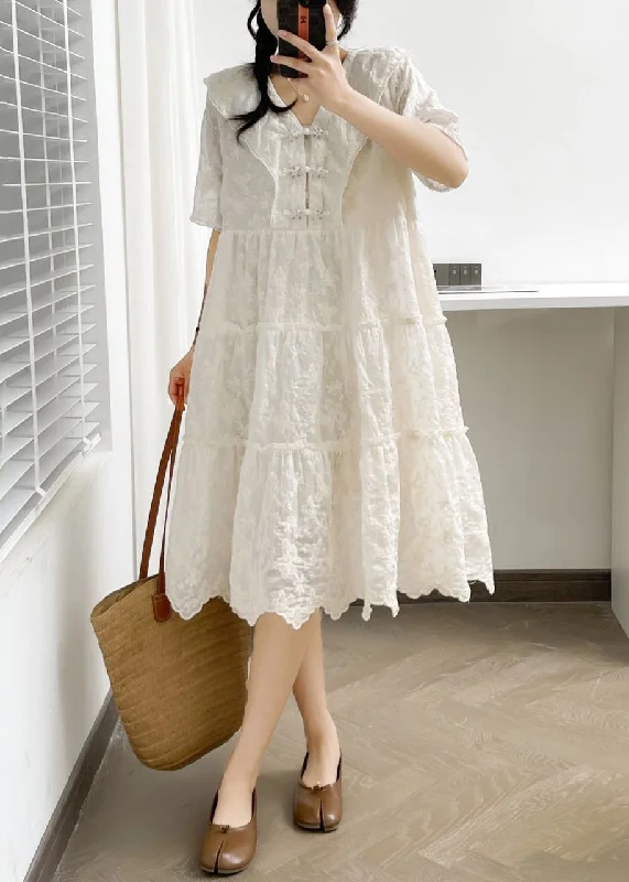 Elegant White V Neck Button Ruffled Cotton Dress Summer NN040 Fall unclassified dresses Elegant White V Neck Button Ruffled Cotton Dress Summer NN040 Fall unclassified dresses