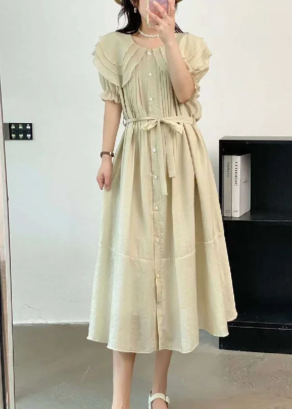 French Beige Peter Pan Collar Wrinkled Cotton Dresses Summer AP028 Velvet unclassified dresses
