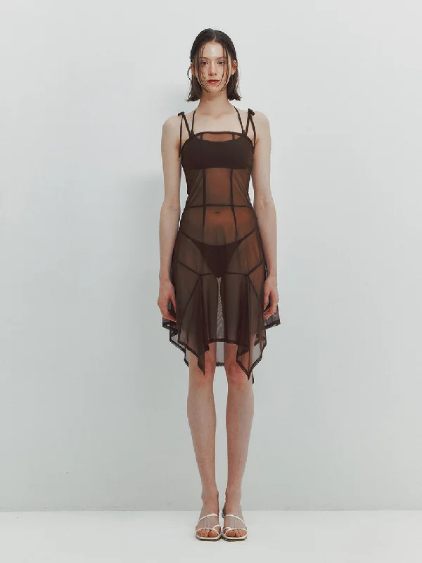 [MEENDERI] SS 24 ASYMMETRIC MESH DRESS - BROWN Halter unclassified dresses