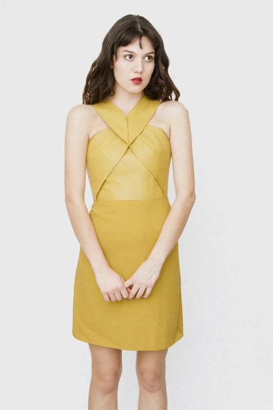 MUSTARD YELLOW LEATHER SILK DRESS Beaded unclassified dresses