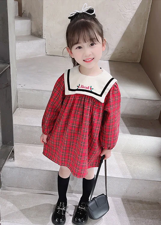 New Red Plaid Button Cotton Girls Dress Fall XZ097 Vintage unclassified dresses