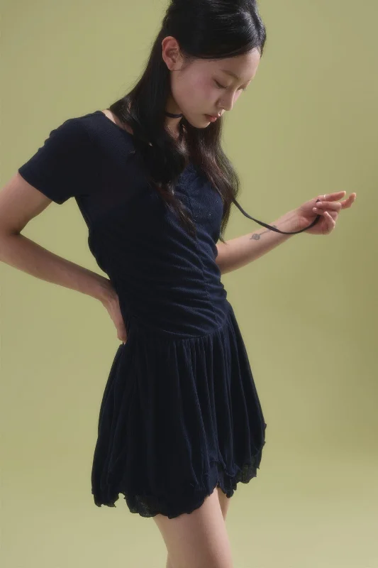 [POPSIZ] SS 24 halter off shoulder ruffle dress-navy Trendy new unclassified dresses