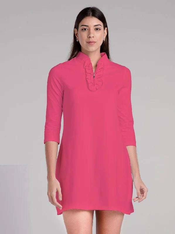 Solid Knit 3/4 Sleeve Ruffle Placket Neck  Dress Wrap unclassified dresses