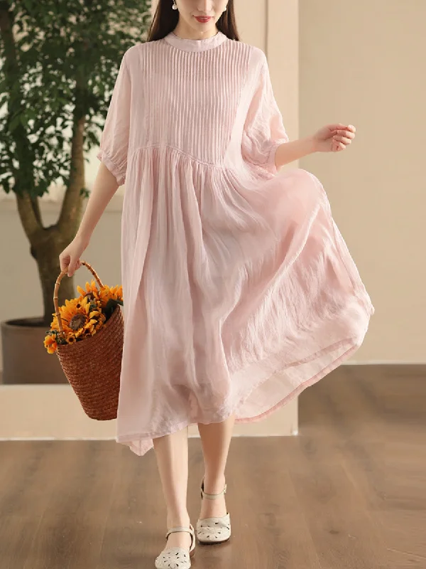 Women Summer Artsy Shirred Solid Ramie Dress CX003 Open-back unclassified dresses