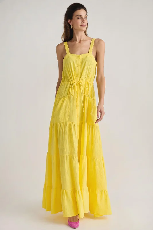 Ambition Button Front Maxi Dress Soft Ruffled Maxi