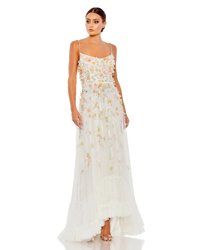 Beaded 3D Flower Cami Ruffled High Low Lace Up Gown Lace Dress Trendy
