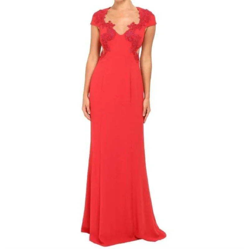 Crepe Flare Embellished Lace Illusion Dress In Red Blue Lace Dress