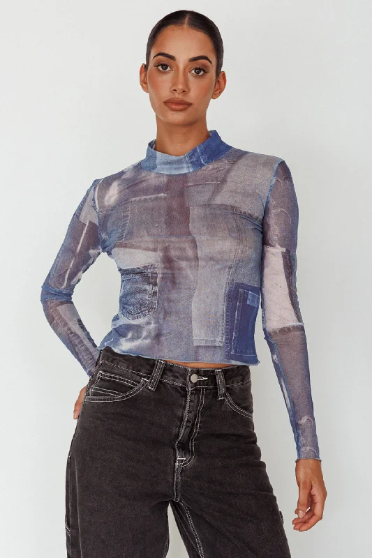 Giza Long Sleeve Mock Neck Top Print Denim Multi Embellished Denim Skirt