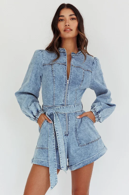 Real World Zip Front Romper Denim Blue Skinny Denim Skirt